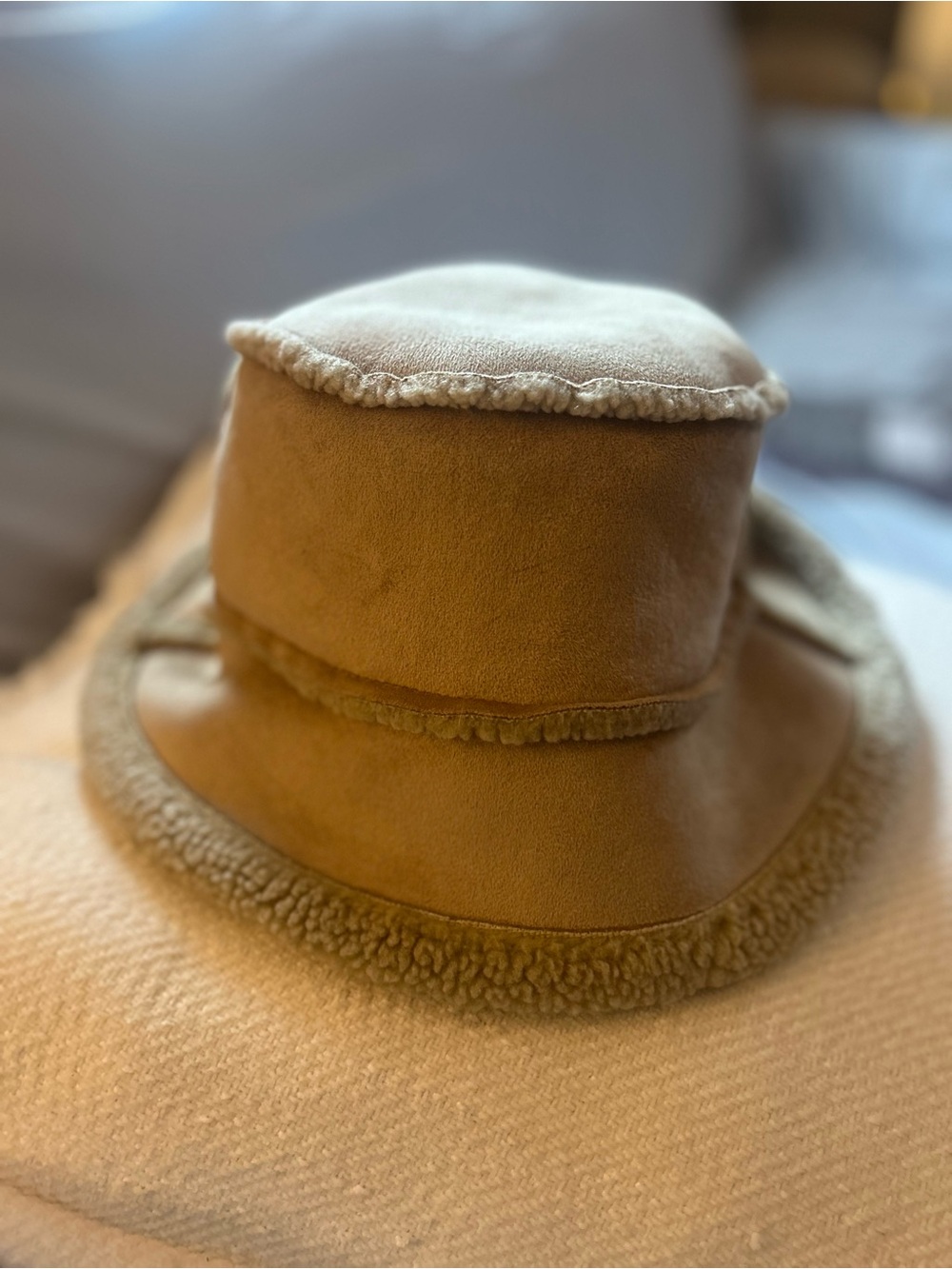Lands' End Tan Shearling-Trim Bucket Hat